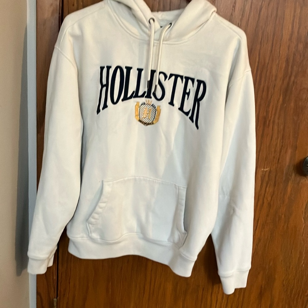 Hollister White/Cream Hoodie with Dark Blue Logo